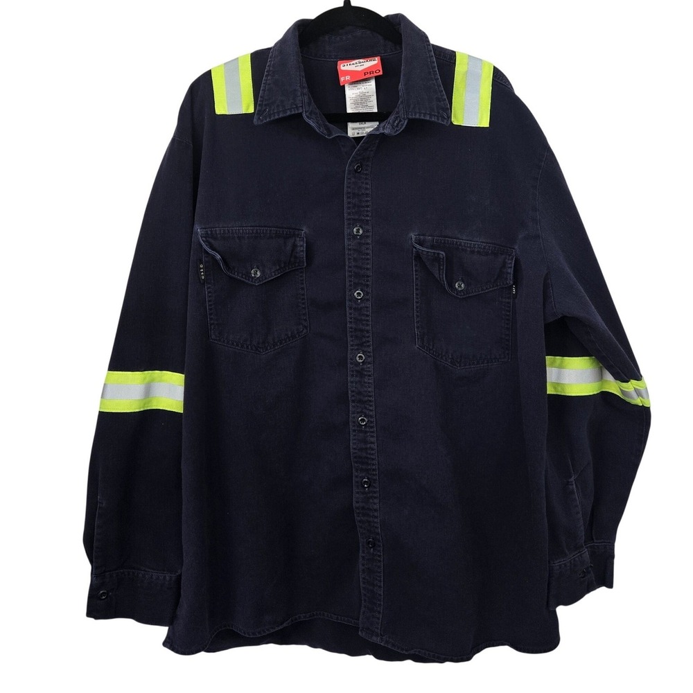 Steelguard FR PRO Work Shirt Mens 2XLR Navy Blue CAT 2 Hi Vis Reflective 2112